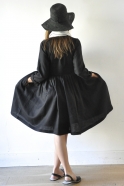 Uniform pleated long sleeves dress, black linen