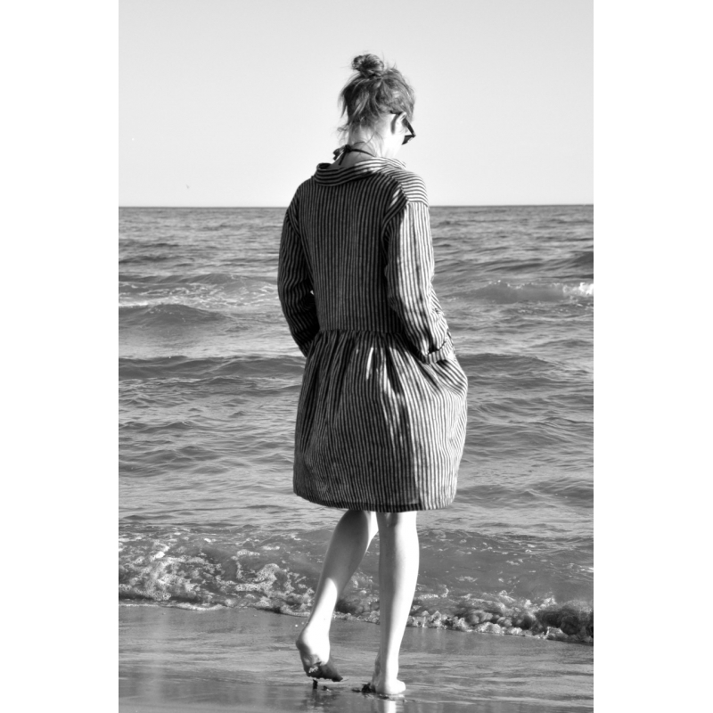 Shirt-dress, dark stripes linen - Le Vestiaire de Jeanne SARL