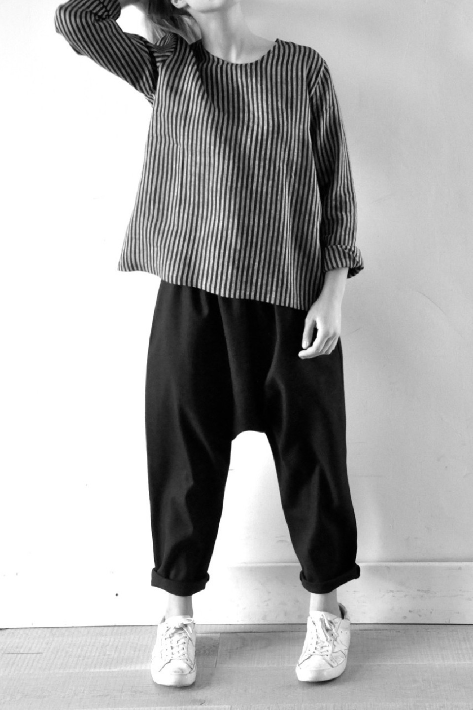 Blouse en lin manches longues, col rond