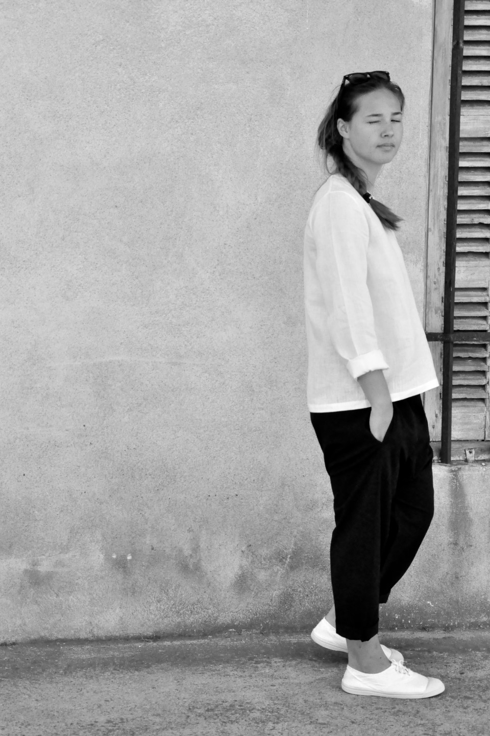 Blouse manches longues, col rond, lin blanc Blouse manches longues, col rond, lin blanc