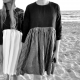 Bicolor pleated dress, long sleeves, black and dark stripes linen