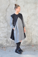 Flared dress, long sleeves, grey linen