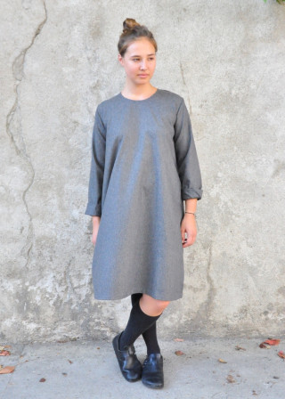 Flared dress, long sleeves, grey wool blend