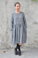 Pleated dress,  long sleeves, grey linen