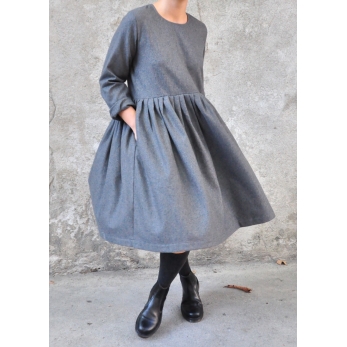 Pleated dress,  long sleeves, grey wool blend