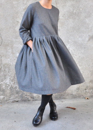 Pleated dress,  long sleeves, grey wool blend