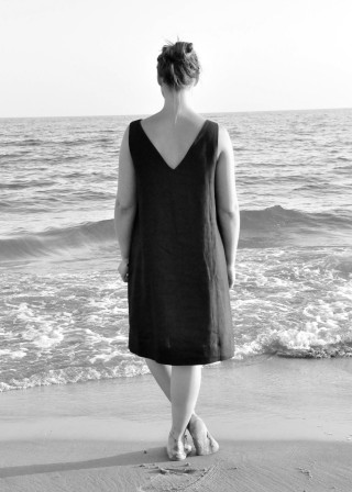 V back dress, black linen