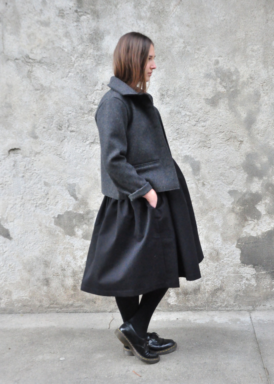 Jacket, grey wool drap, raw edges