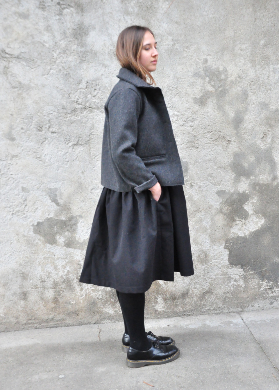 Jacket, grey wool drap, raw edges