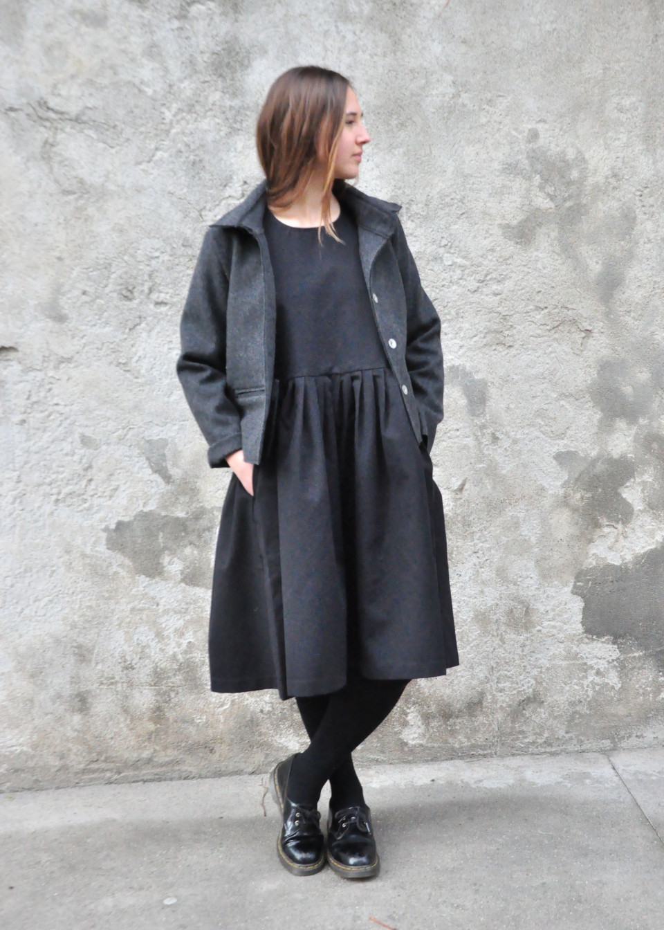 Jacket, grey wool drap, raw edges