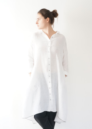 Robe-chemise à plis manches longues, lin blanc