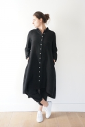Robe-chemise à plis manches longues, lin noir