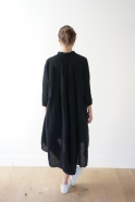 Long sleeves pleated shirt-dress, black linen