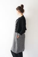 Flared dress, long sleeves, squared neck, grey linen