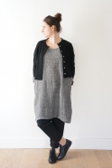 Flared dress, long sleeves, squared neck, grey linen