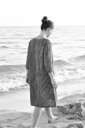 Flared dress, 3/4 sleeves, squared neck, dark stripes linen