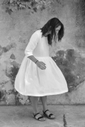 Pleated dress,  3/4 sleeves, white linen