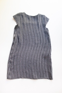 Flared dress, short sleeves, squared neck, dark stripes linen