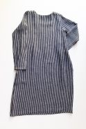 Flared dress, long sleeves, squared neck, dark stripes linen