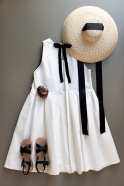Pleated bow dress, white denim