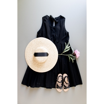 Pleated bow dress, black openwork cotton