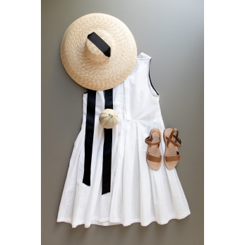 Pleated bow dress, white openwork cotton