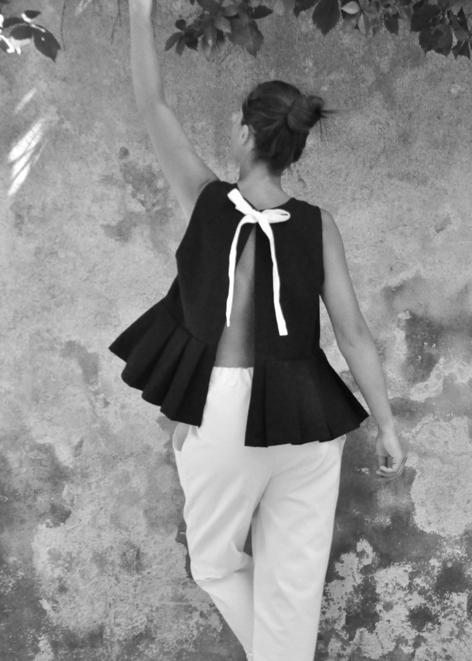 Pleated bow top, black denim