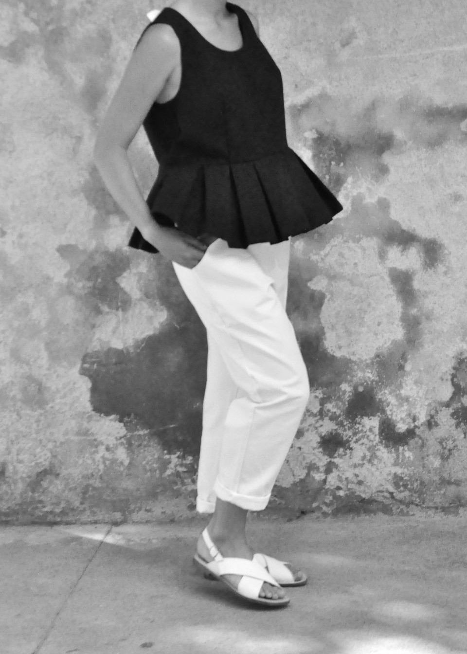 Pleated bow top, black denim