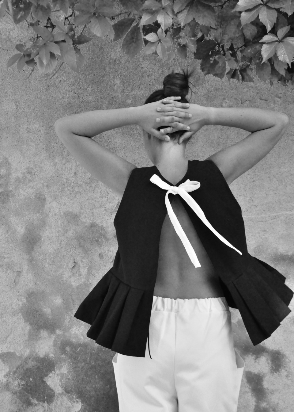 Pleated bow top, black denim