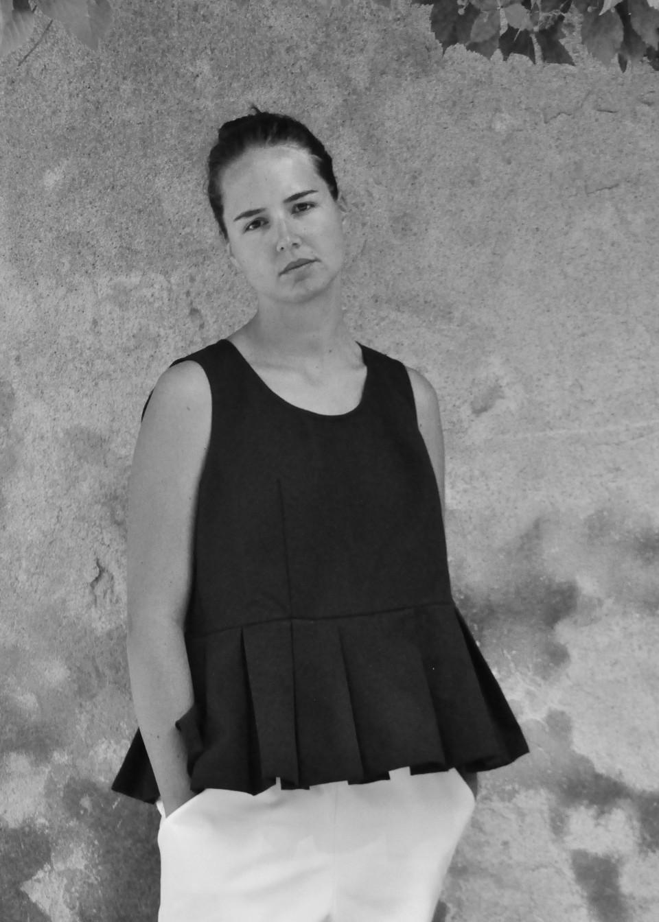 Pleated bow top, black denim