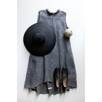 Sleeveless pleated shirt-dress, grey linen