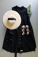 Sleeveless pleated shirt-dress, black linen