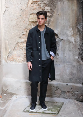 Flared coat, black denim