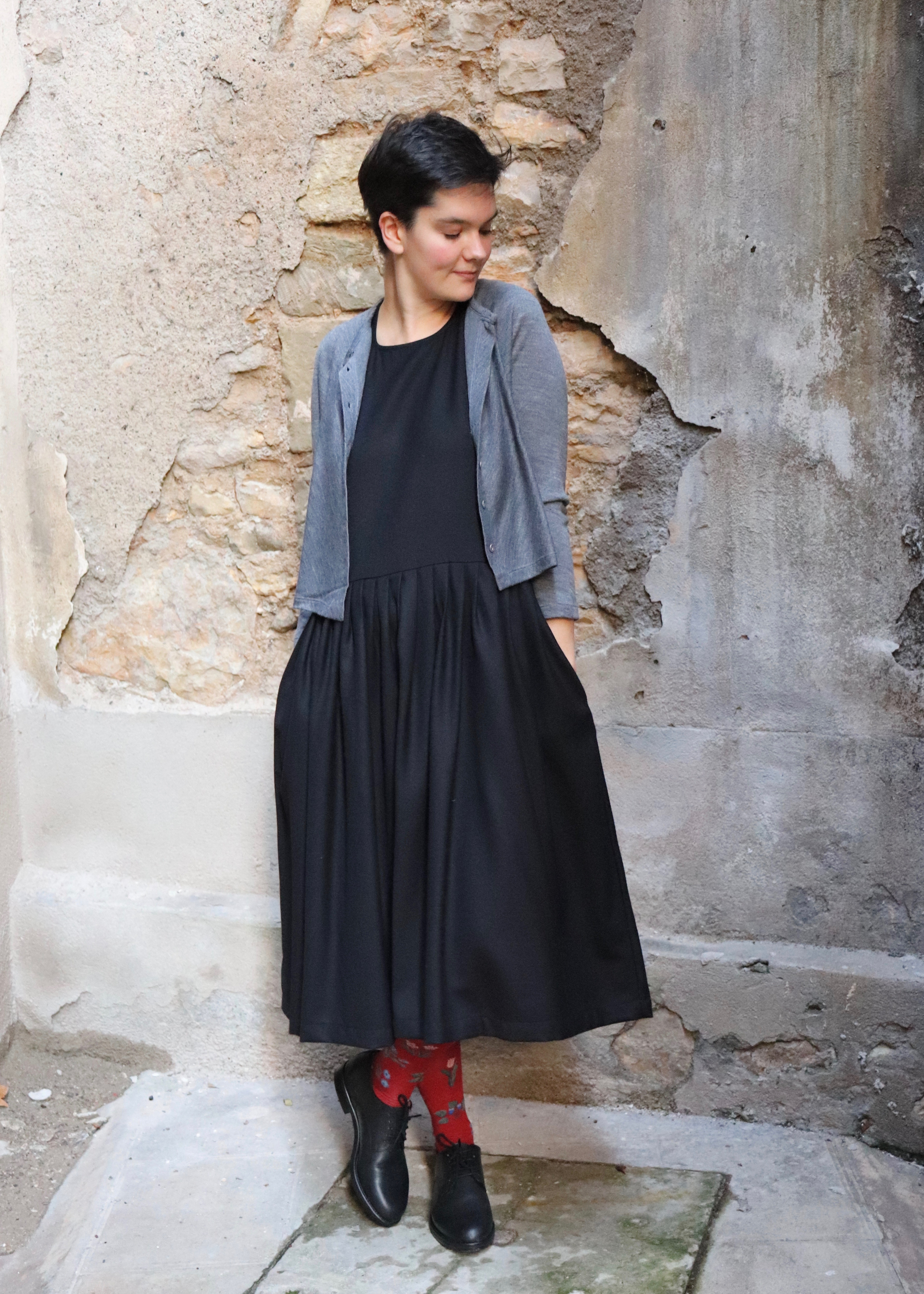 short cardigan over dress