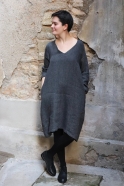 Flared dress, long sleeves, V neck, grey heavy linen