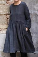 Pleated dress,  long sleeves, grey heavy linen