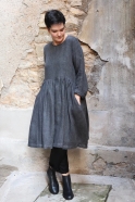 Pleated dress,  long sleeves, grey heavy linen
