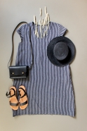 Flared dress, short sleeves, U neck, dark stripes linen