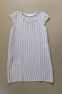 Flared dress, short sleeves, squared neck, light stripes linen