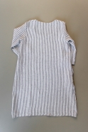 Flared dress, 3/4 sleeves, squared neck, light stripes linen
