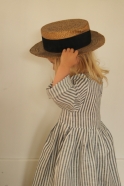 Pleated dress, long sleeves, light stripes linen