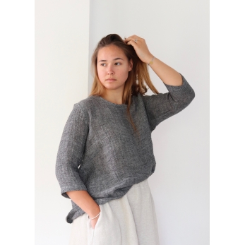 3/4 sleeves blouse round neck, grey linen