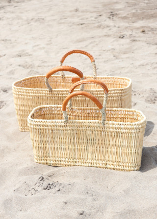 Long basket, brown leather handle