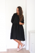 Pleated dress,  3/4 sleeves, black linen