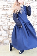 Long pleated dress, low waist, sleeveless, navy blue wool drap