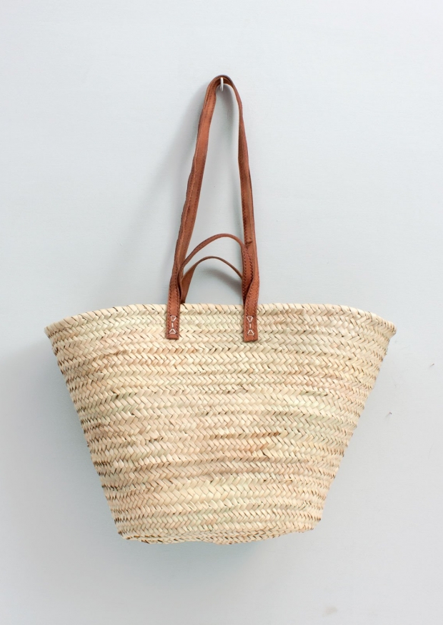 Basket with 2 handles, brown leather