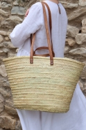 Basket with 2 handles, brown leather