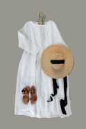 Long sleeves pleated dress, white linen