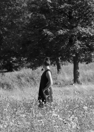 Flared dress, sleeveless, black linen