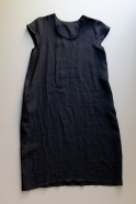 Flared dress, short sleeves, U neck, black linen